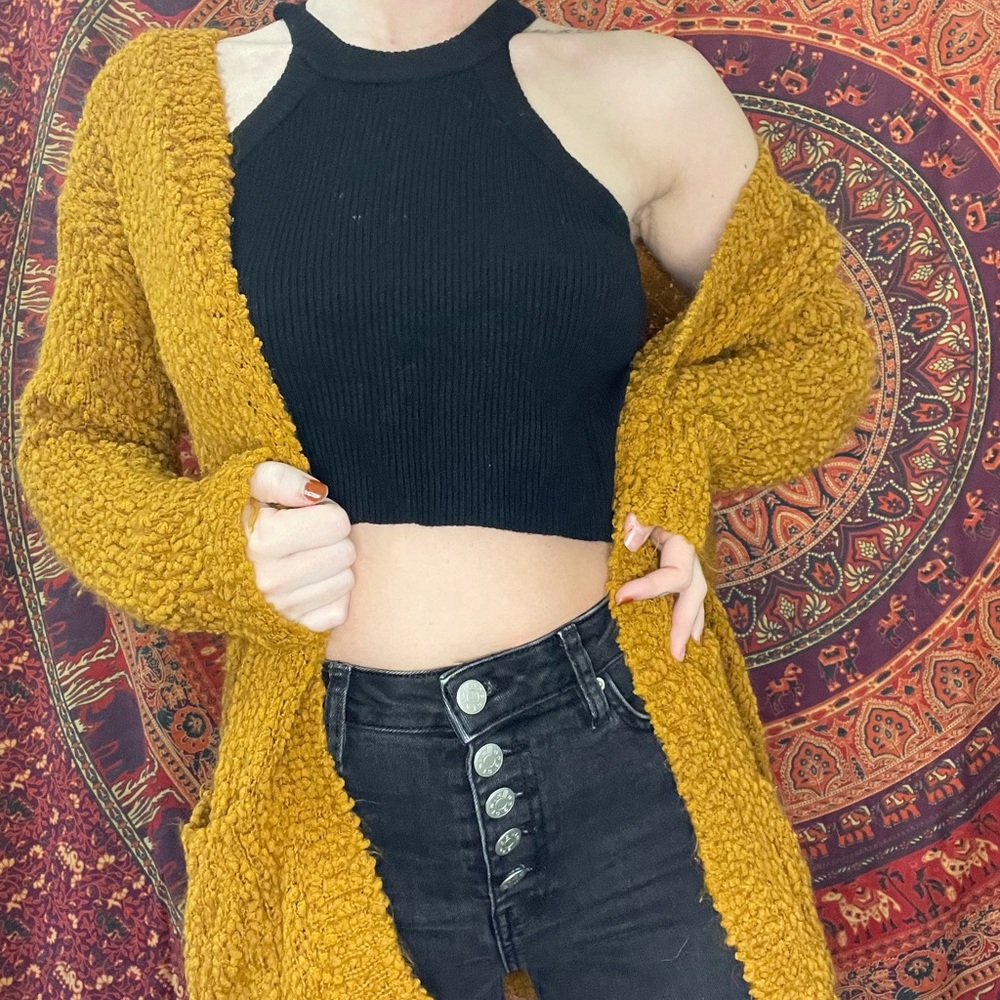 forever 21 mustard yellow fuzzy cardigan